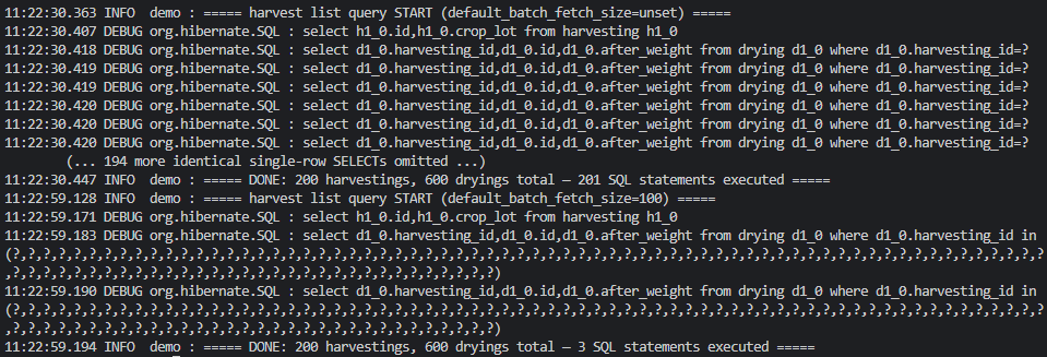 로컬 재현 데모의 Hibernate SQL 로그. 위는 동일한 개별 SELECT가 반복되며 SQL 201개가 실행된 N+1 상태, 아래는 물음표 100개가 늘어선 IN 배치 쿼리 2개로 총 3개에 끝난 상태.